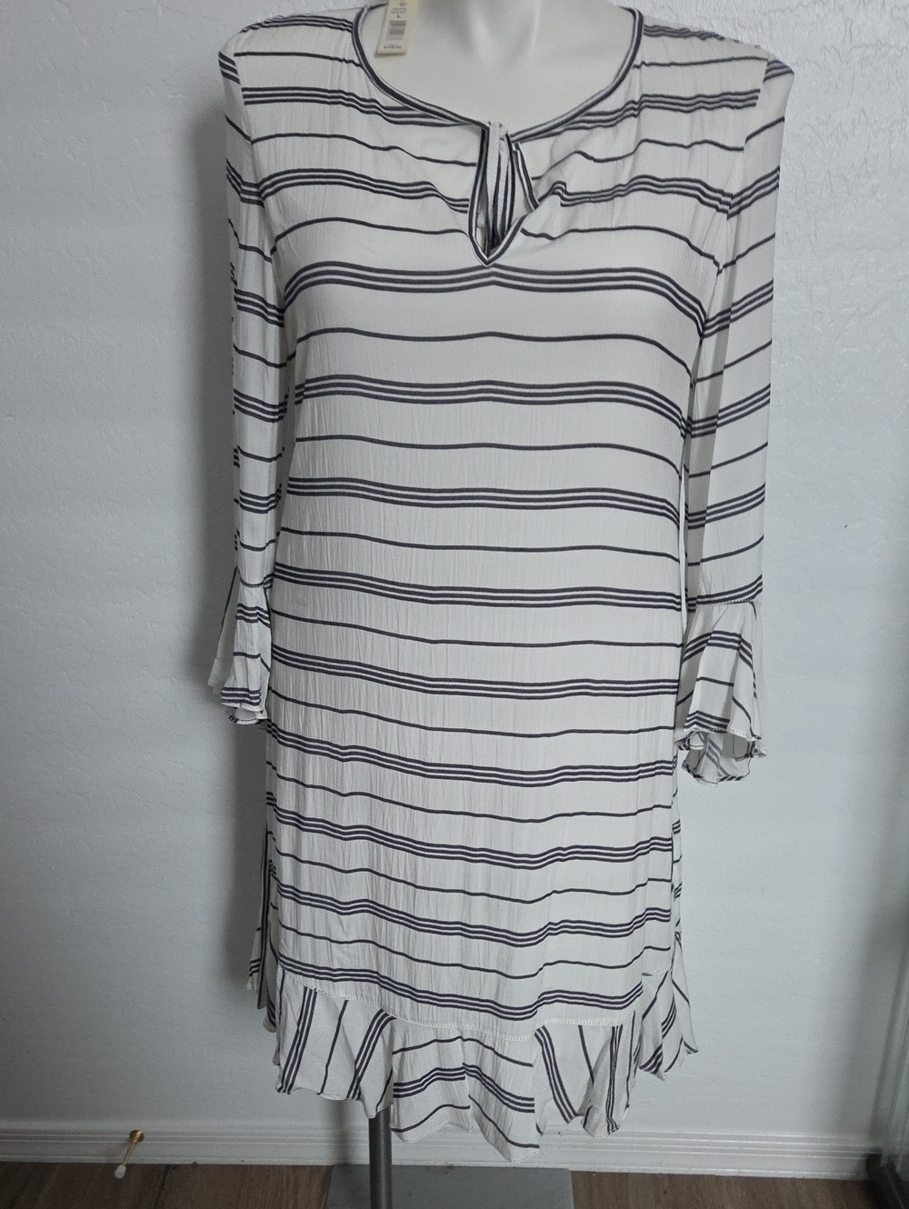 Max Studio White & Black Striped Ruffle-Hem Tunic